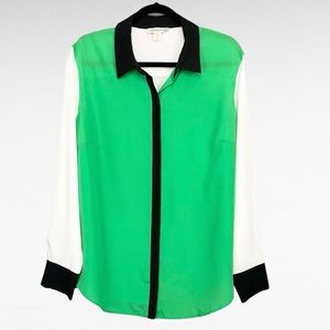 Coldwater Creek | Green Black White Colorblock Long Sleeve Sheer Preppy Shirt